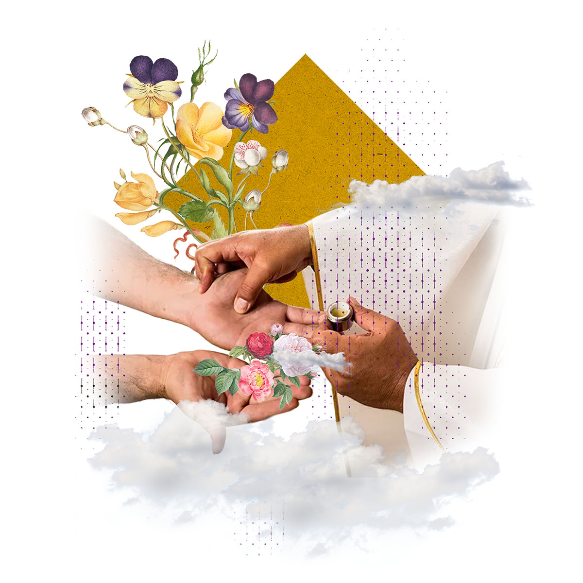 Kapłan udziela sakramentu namaszczenia chorych – dłonie z olejem świętym, kwiaty i symbole wiary. Obraz przedstawia troskę i uzdrowienie w parafii św. Franciszka z Asyżu w Zielonej Górze.